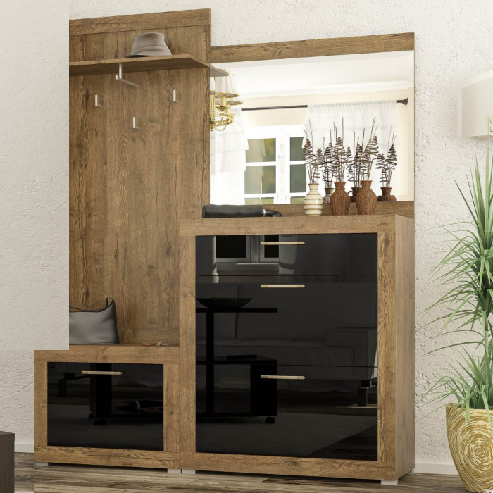 Прихожая с зеркалом Парма (комплект ВТ 158 см) Мебель Сервис Дуб Април, Черный лак Львов - изображение 1