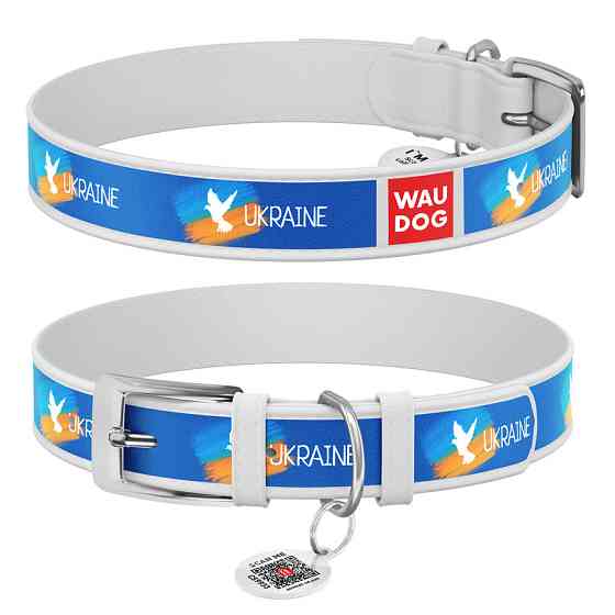 Нашийник для собак шкіряний WAUDOG Design з QR-паспортом, малюнок "Фаг", XL, Ш 35 мм, Д 46-59 см, білий Вінниця