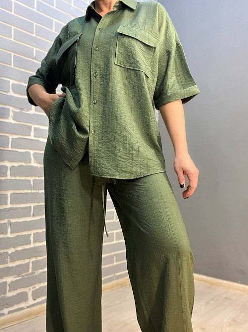 Костюм жіночий Mix Ray 4218 тканина жатка сорочка на гудзиках кишені та широкі штани на резинці хакі, хакі, S Київ - фото 16