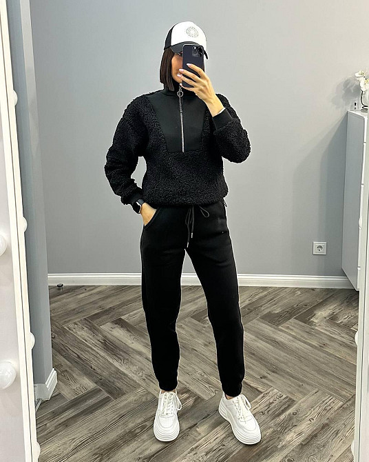 Женский стильный и удобный костюм двойка тринитка на флисе, трикотаж «Барашек» Черный, 46/48 Одесса - изображение 1