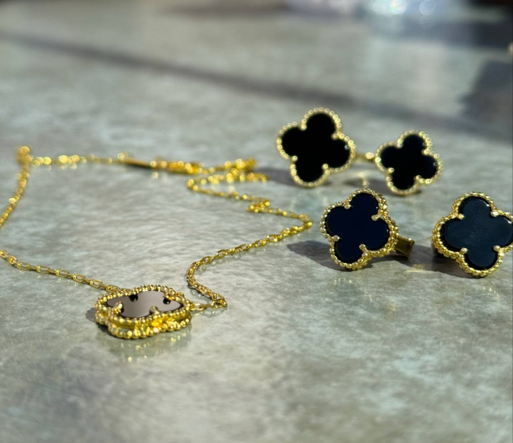 Van Cleef набір 3 предмети /сережки, підвіска, кільце / чорний під онікс / лимонне золото AU 750 / проба, гравіювання Одеса - фото 8