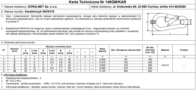 Карабін "GoralMet" з нержавіючої кислотостійкої сталі AISI 316 діаметром 10 мм довжиною 100 мм Стрый - изображение 3