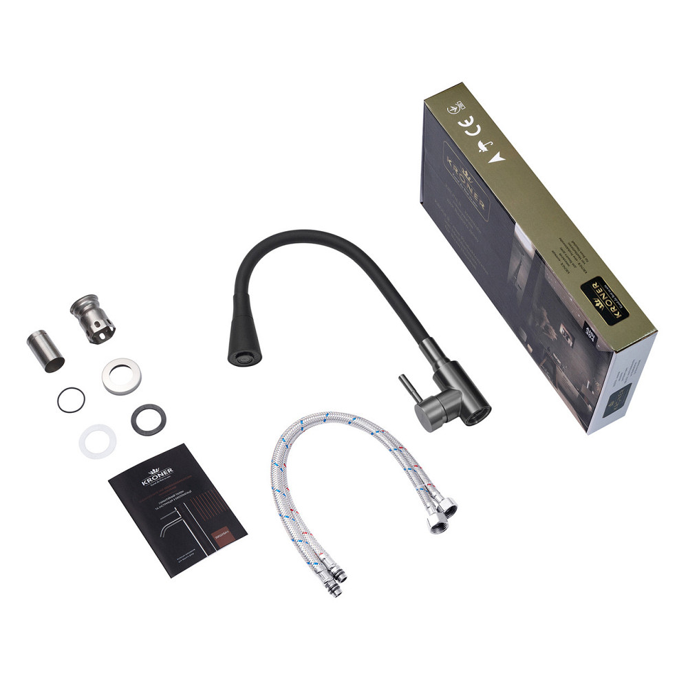 Змішувач для кухні з гнучким виливом Kroner KRP Edelstahl Klassisch — PVD031BLK графіт/чорний Київ - фото 8