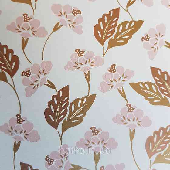 Шпалери вінілові на флізелін Caselio Mystery 0.53х10 м маленькі яскраві квіти листя рожеві золотисті на білому Київ