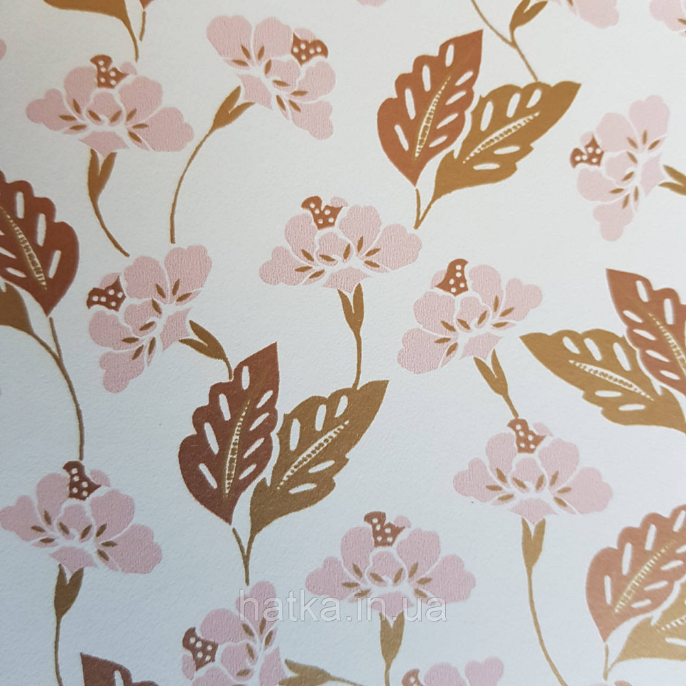 Шпалери вінілові на флізелін Caselio Mystery 0.53х10 м маленькі яскраві квіти листя рожеві золотисті на білому Київ - фото 3