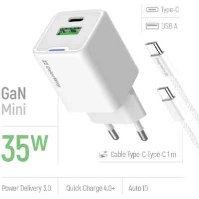 Зарядний пристрій ColorWay GaN Mini 35W PD Port PPS USB (Type-C PD + USB QC4.0) cable Type-C (CW-CHS055PDC-WT) Вінниця