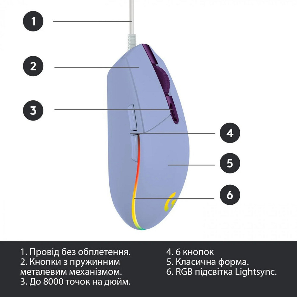 Миша Logitech G102 Lightsync (910-005854) Lilac USB ( Фіолетовий ) Харків - фото 5
