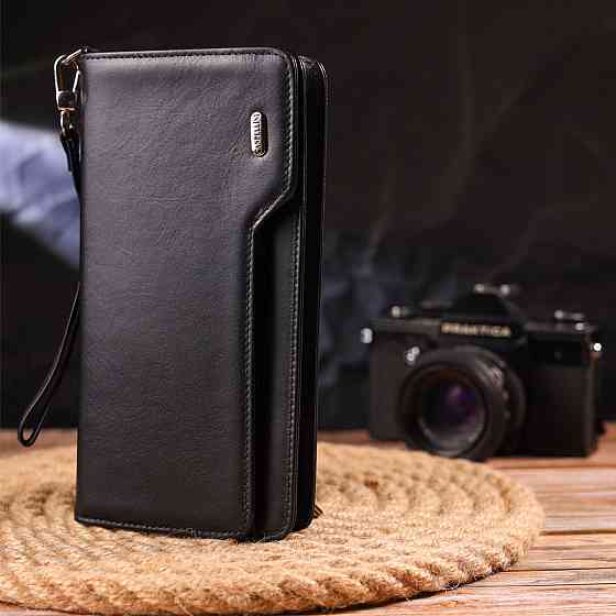 Практичное портмоне клатч из натуральной гладкой кожи Черное (CANPELLINI) Киев