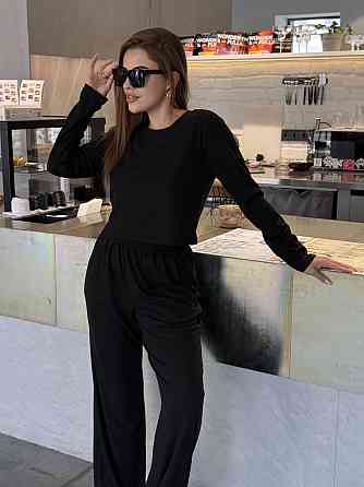 Женский костюм штаны с лонгсливом рубчик Бежевый Черный M/L Харьков