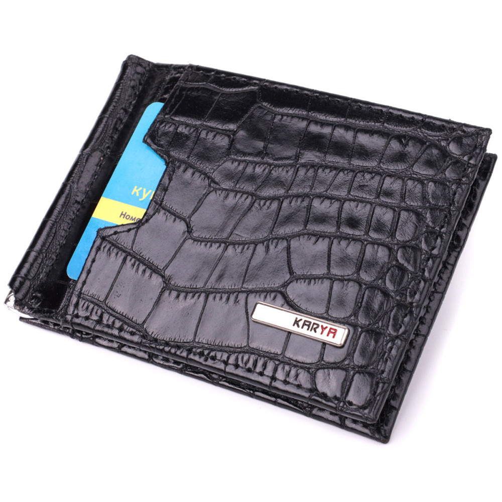 Зручний чоловічий затиск із натуральної фактурної шкіри під крокодила KARYA 22886 Чорний Київ - фото 5