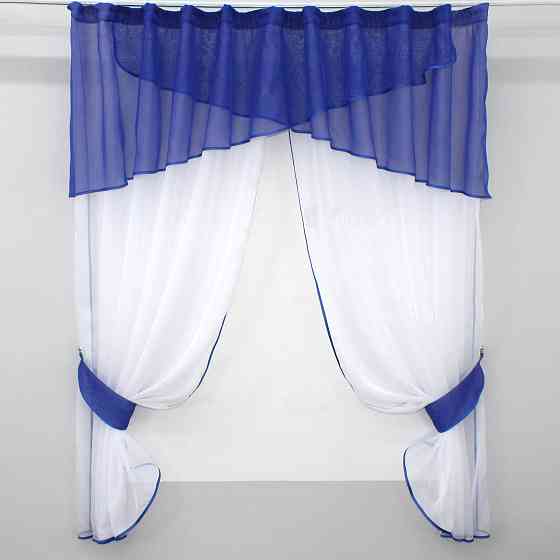 Кухонні штори VR-Textil № 091к з ламбрекеном і підв'язками синій з білим 270х170 см (52-0254) Київ