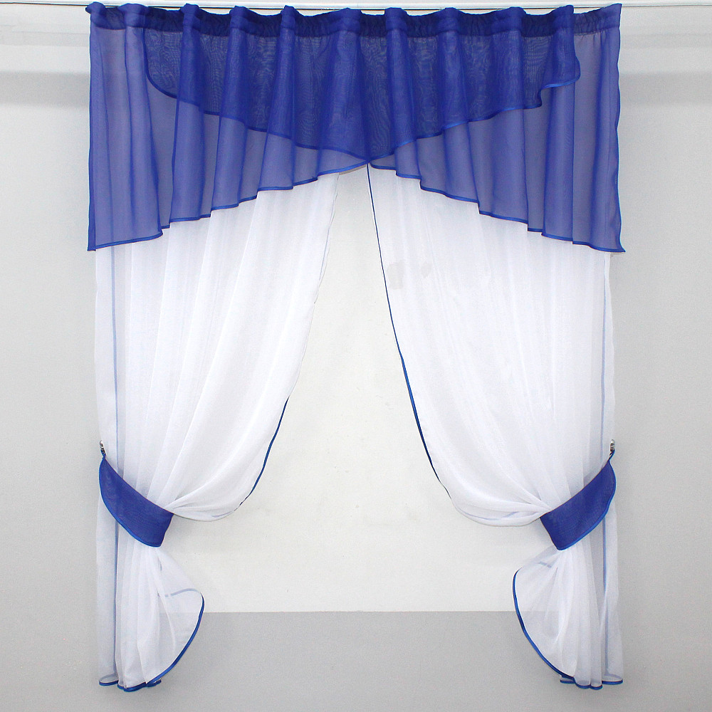Кухонні штори VR-Textil № 091к з ламбрекеном і підв'язками синій з білим 270х170 см (52-0254) Київ - фото 1