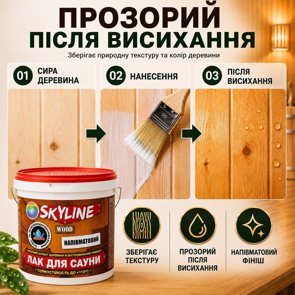 Лак для сауны SkyLine WOOD 3 л — акриловый полуматовый лак для дерева, прозрачный, без запаха, термостойкий до +110°C Харьков - изображение 2