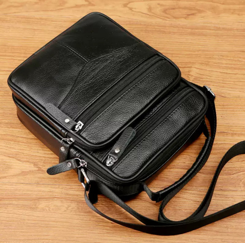 Мужская борсетка через плечо 23х27х9 / мессенджер наплечный из натуральной кожи, черный Каменское - изображение 9