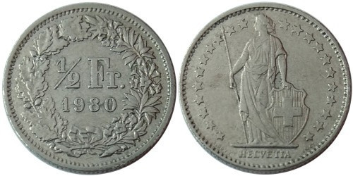 Швейцария 1/2 франка 1980,1,2,3,4,5,6,7,8,9 год Гельвеция стоит с копьём и щитом Полтава - изображение 1