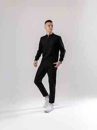 Черная мужская рубашка изо льна casual. Рубашка свободного кроя легкая черная Pobedov Exlnt Киев