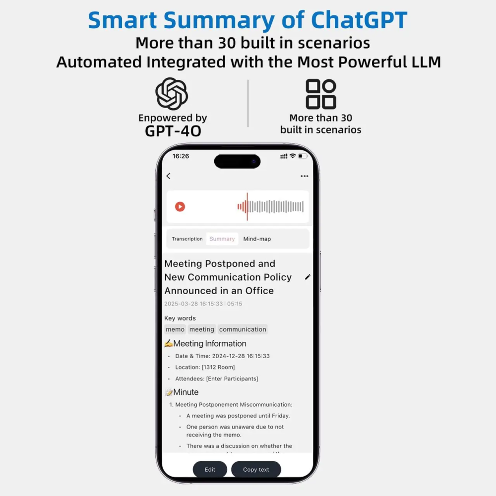 AI Диктофон E EAZEYAI 64GB — Транскрипція 112 мов, Розумне резюме (ChatGPT), Синхронний переклад, Шумозаглушення, USB-C Київ - фото 7