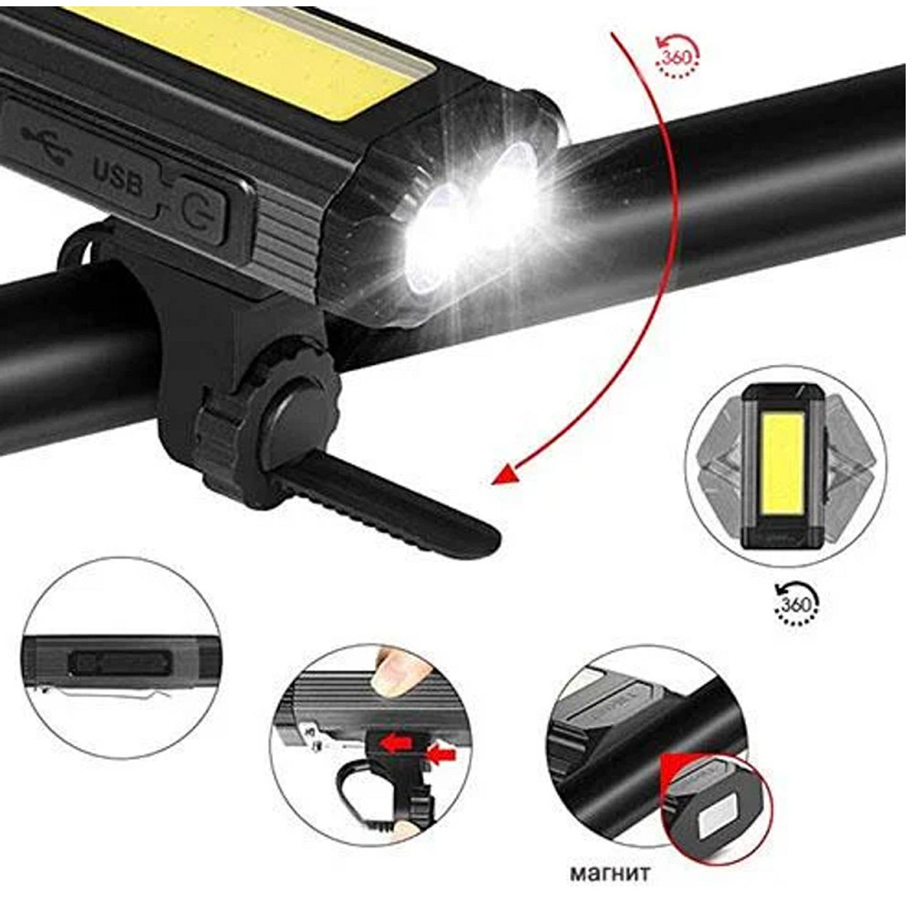 Велофара 501-2XPE+COB, алюминий, micro USB, встроенный аккумулятор Бровары - изображение 4