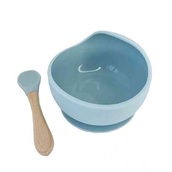 Силіконова тарілка на присосці з дерев'яною ложкою MGZ-0103(Grey) 300 мл Вінниця