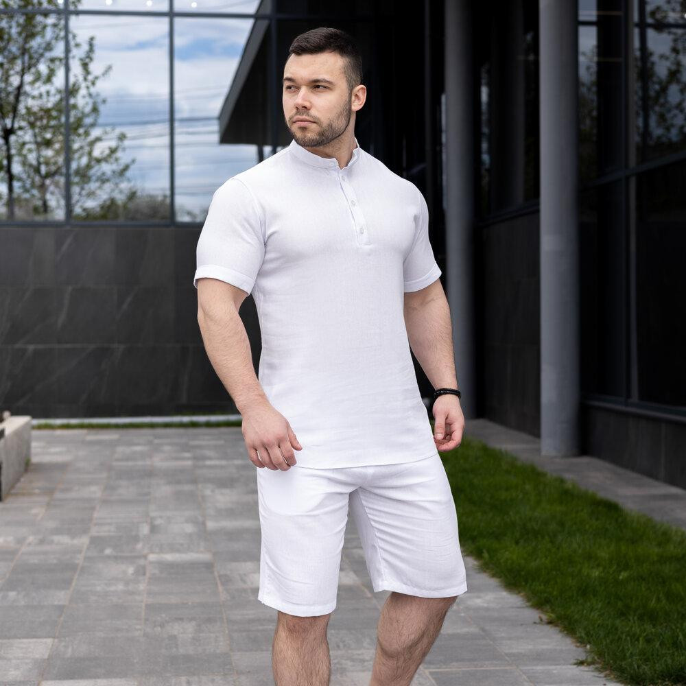 Чоловічі сорочки з коміром, стильна льон сорочка поло з коротким рукавом Pobedov Molodist біла Одеса - фото 5