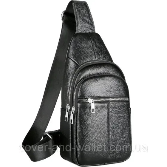 Зручна чоловіча сумка-слінг із фактурної шкіри чорного кольору Puos Київ