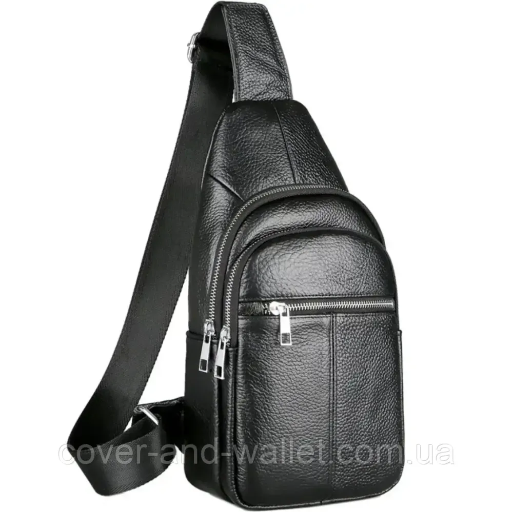 Удобная мужская сумка-слинг из фактурной кожи черного цвета Puos Киев - изображение 1