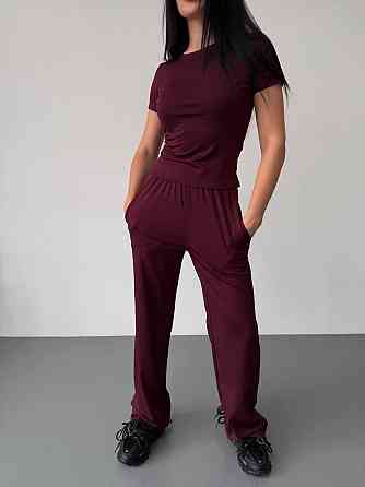 Женский базовый костюм тройка: лонгслив, футболка и штаны микродайвинг Бордо Одесса