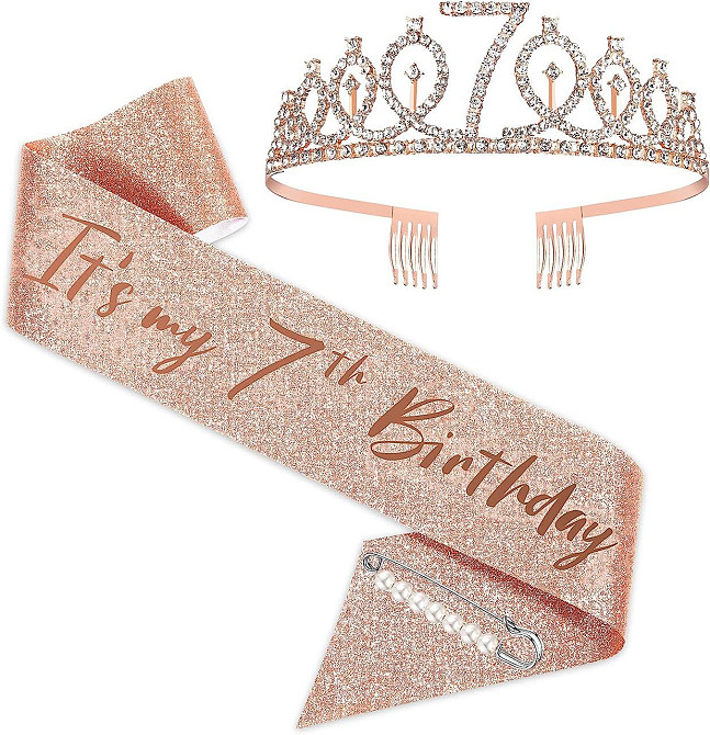 Набор SZHUIHER на 7 лет для девочки — тиара, пояс Birthday Girl, заколка и топпер, розовое золото Киев - изображение 1
