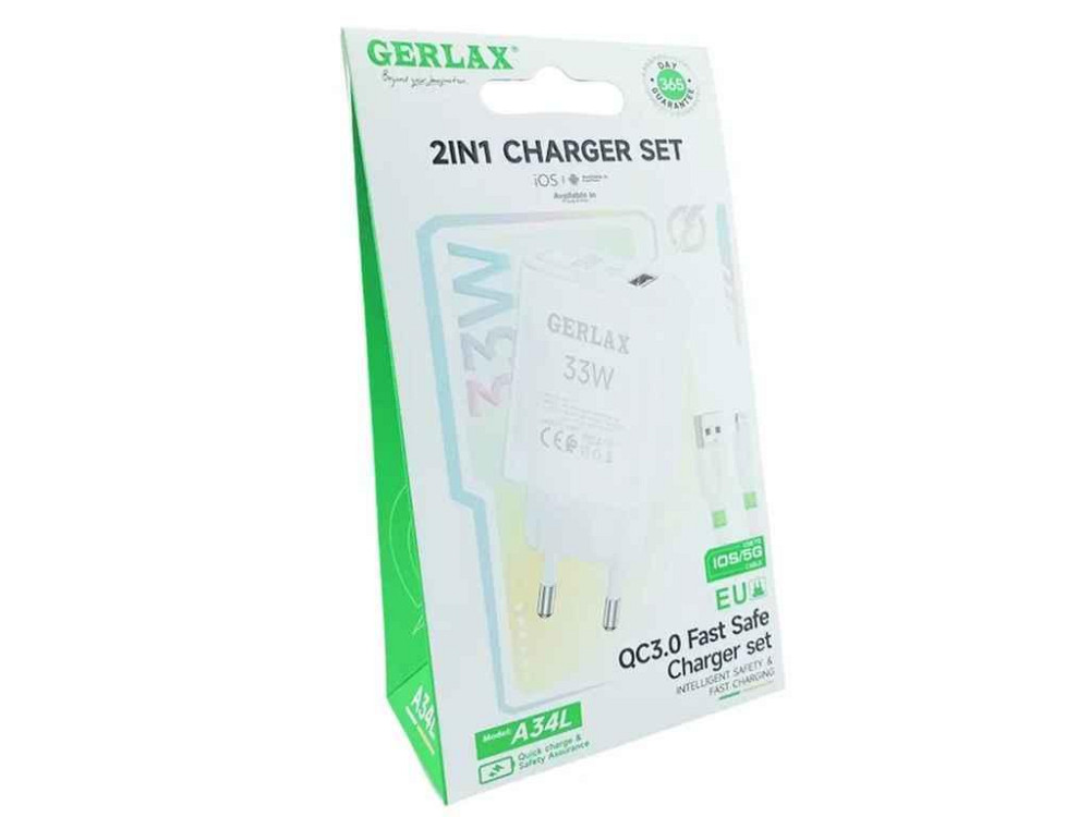 Мережевий зарядний пристрій для iPhone Lightning A34L 3A/1USB/33W/QC3.0 білий 1м ТМ GERLAX Київ - фото 1