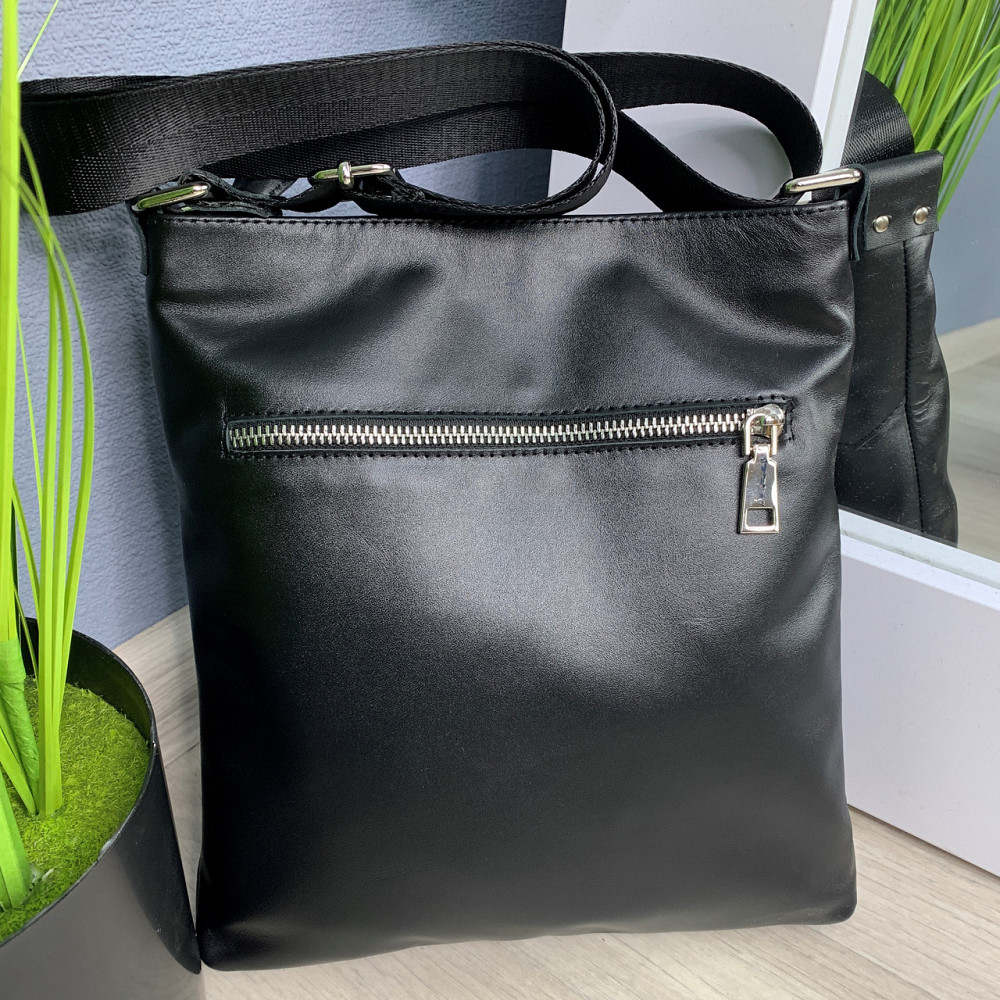 Чоловіча сумка через плече з натуральної шкіри каркасна містка з ременем, чорнаMasterSem Київ - фото 6