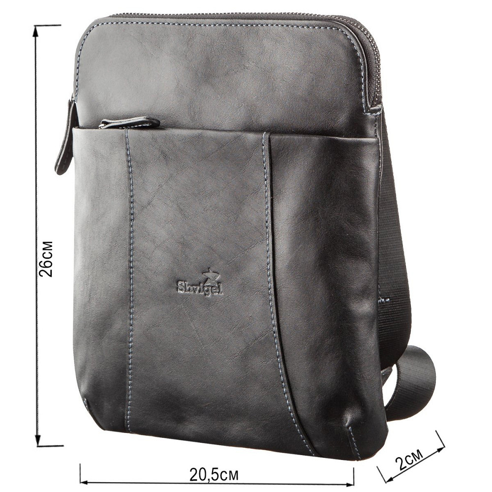 Вертикальний чоловічий месенджер з вінтажній шкіри Shvigel 11177 Чорний Київ - фото 4