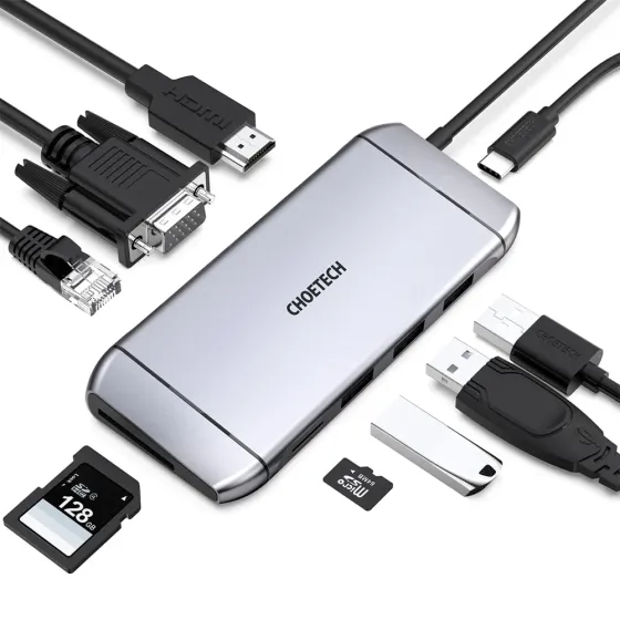 USB-C хаб 9-в-1 Choetech M15 HDMI 4K@30Hz, VGA, 3 USB3.0, RJ45, USB-C PD, SD-card, TF-card (43-00153) Киев