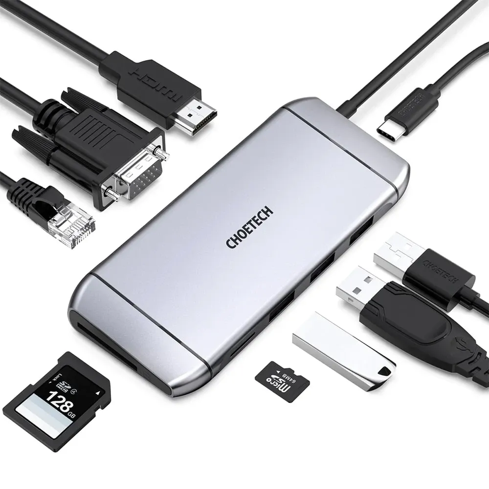 USB-C хаб 9-в-1 Choetech M15 HDMI 4K@30Hz, VGA, 3 USB3.0, RJ45, USB-C PD, SD-card, TF-card (43-00153) Киев - изображение 3