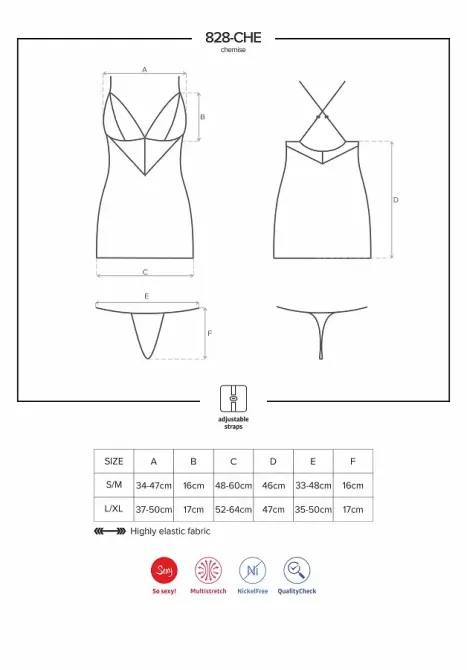 Сатиновий комплект для сну з мереживом Obsessive 828-CHE-1 chemise & thong L/XL, чорний, сорочка Львов - изображение 7