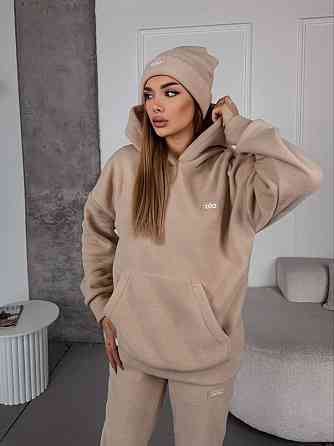 Женский стильный теплый костюм из флиса полар с шапкой Песочный, 46/48 Одесса