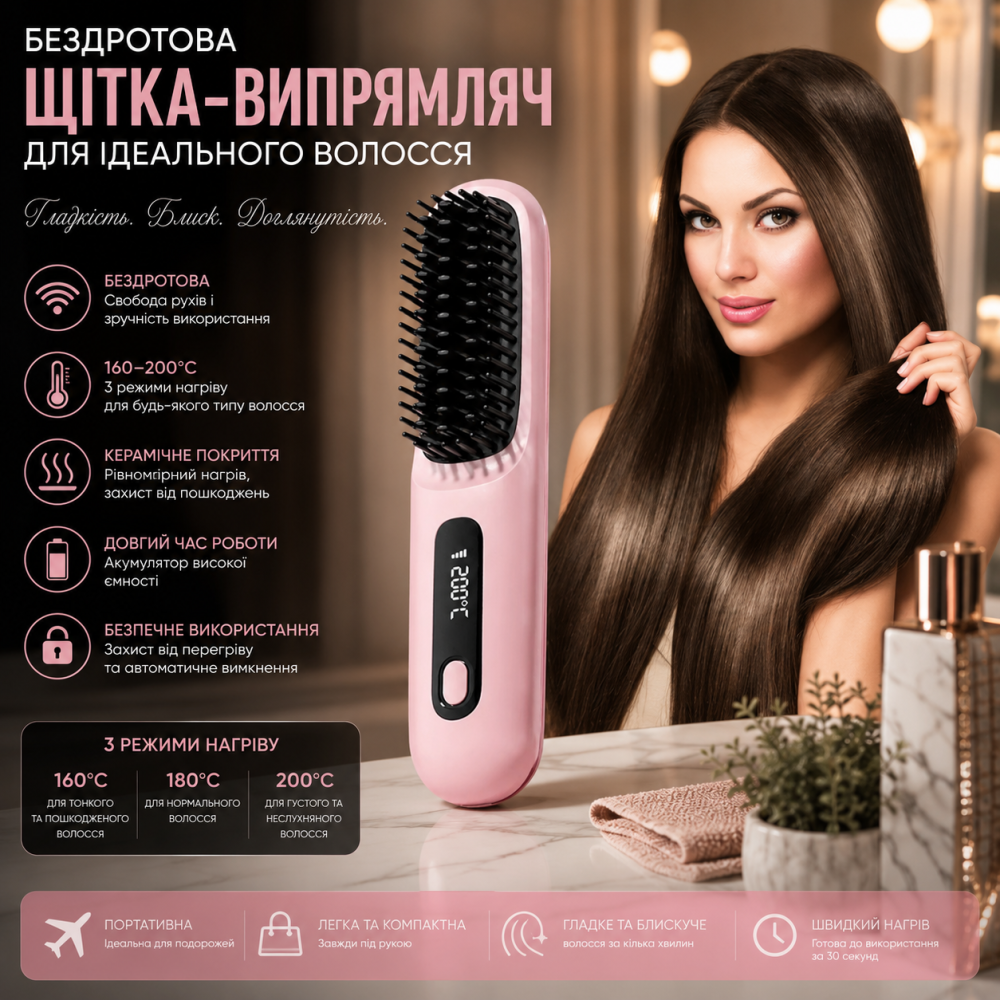 Бездротова керамічна щітка-випрямляч для волосся 160–200°C, 3 режими нагріву, портативний стайлер, чорна Київ - фото 8