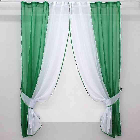 Кухонные шторы VR-Textil № 017к комбинированные с подвязками зеленый с белым 265х170 см (50-861) Киев