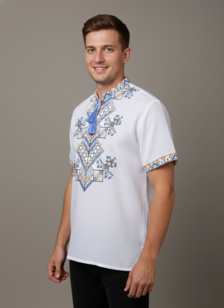 Мужская вышиванка на белом домотканом полотне на короткий рукав. Киев