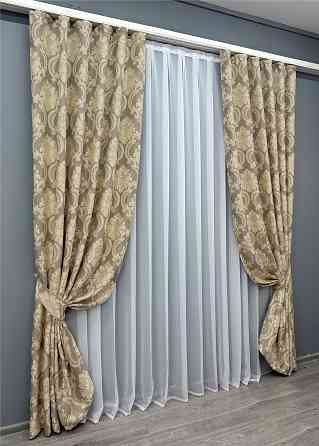 Комплект готовых штор VR-Textil Лен Корона Мария № 1271ш Капучино с бежевым 150х270 см 2 шт (33-0102) Киев
