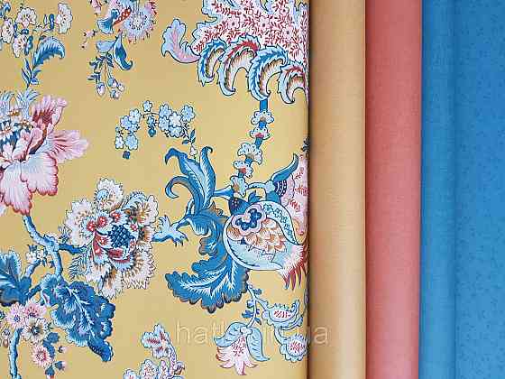 Шпалери флізелінові еко Rasch Sophia 0.53х10 рослинний принт квіти листя червоні бірюзові на яскраво жовтому Київ