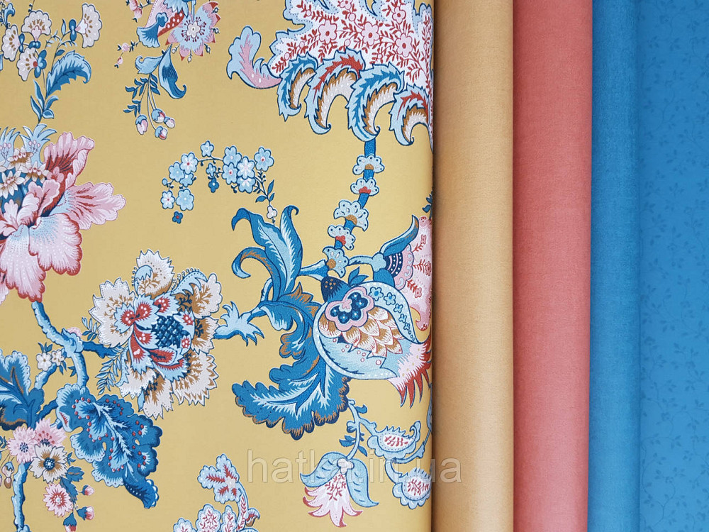 Шпалери флізелінові еко Rasch Sophia 0.53х10 рослинний принт квіти листя червоні бірюзові на яскраво жовтому Київ - фото 2
