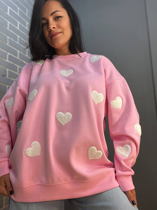 Світшот жіночий W 2975 оверсайз подовжений махрові серця one size, рожевий, one size Київ - фото 1