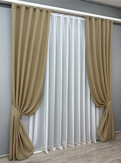 Комплект готових штор VR-Textil Льон Мішковина № 673ш Капучино 200х250 см 2 шт (39-0057) Київ - фото 3
