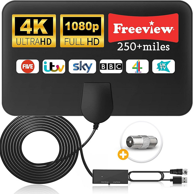 Антена телевізійна Smart 4K Чорна внутрішня активна з підсилювачем Smart IC 250+ miles 16.4FT коакс 75Ω підтримка 1080p Freeview Київ - фото 1