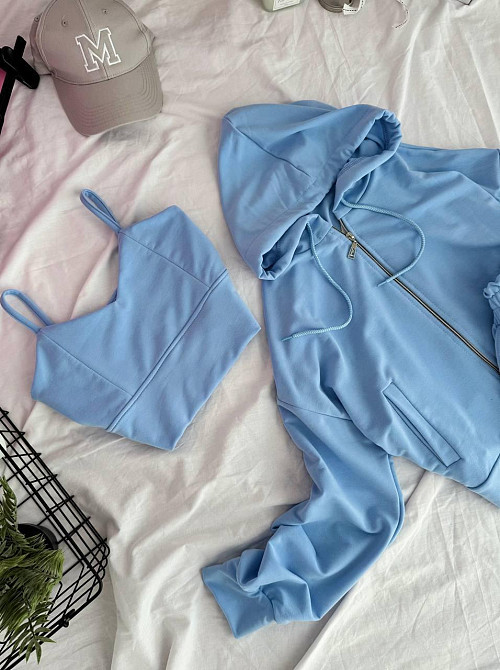 Жіночий прогулянковий костюм-трійка: кофта топ і штани двонитка Блакитний, 46/48 Одеса - фото 3