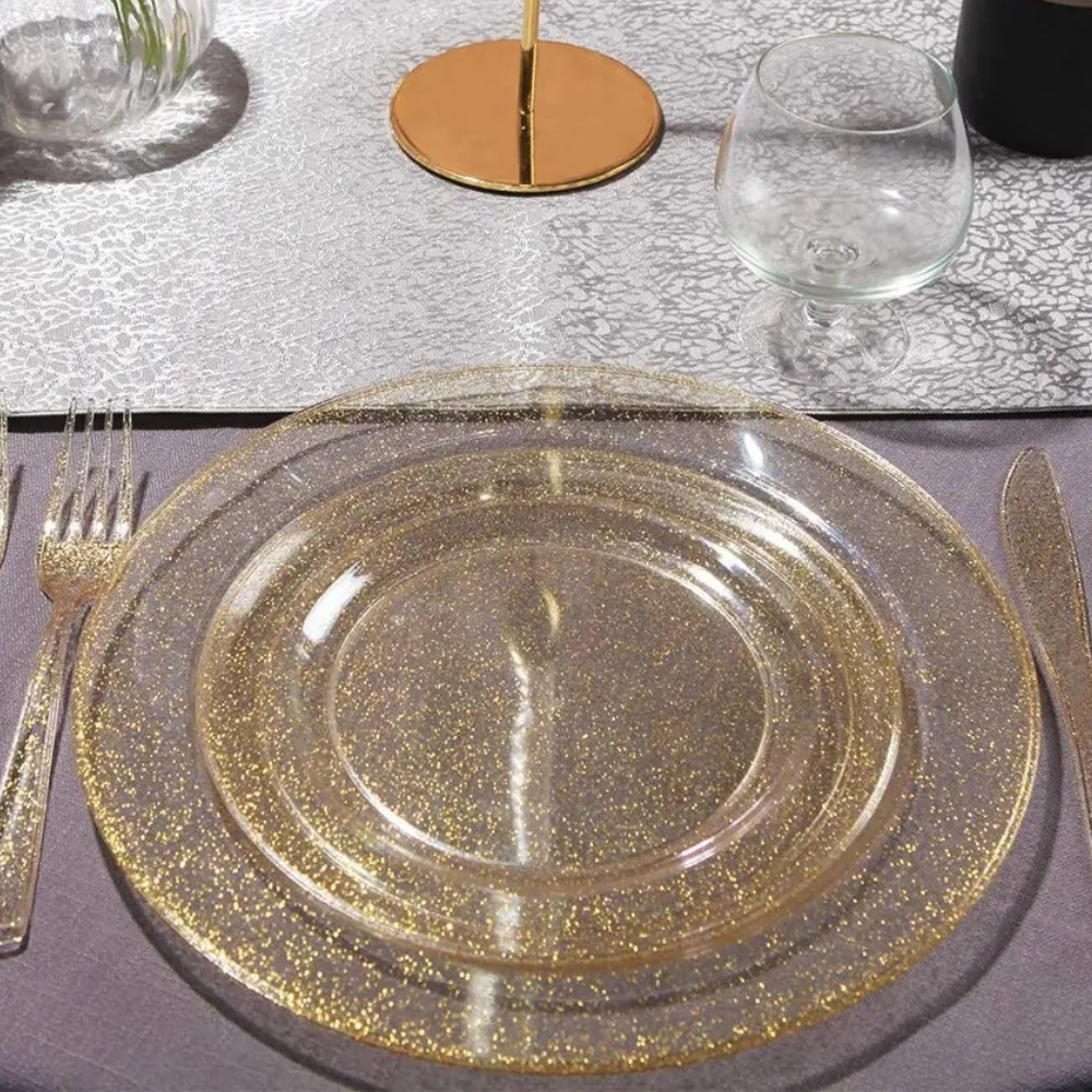 Набор тарелок пластиковые 12 штук круглые,обеденные 26 см и десертные 19 см, золотые прозрачные с блестками Каменец-Подольский - изображение 8