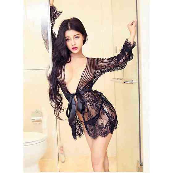 Эротический коротенький прозрачный халат с длинными рукавом - Чёрный - XS/S/M – Эротическое бельё Винница