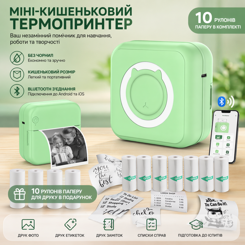 Портативний мініпринтер HUIJUTCHEN: Термопринтер для фото та етикеток, Bluetooth 4.0, 205 DPI, 10 рулонів паперу, iOS/Android (Gre Київ - фото 1