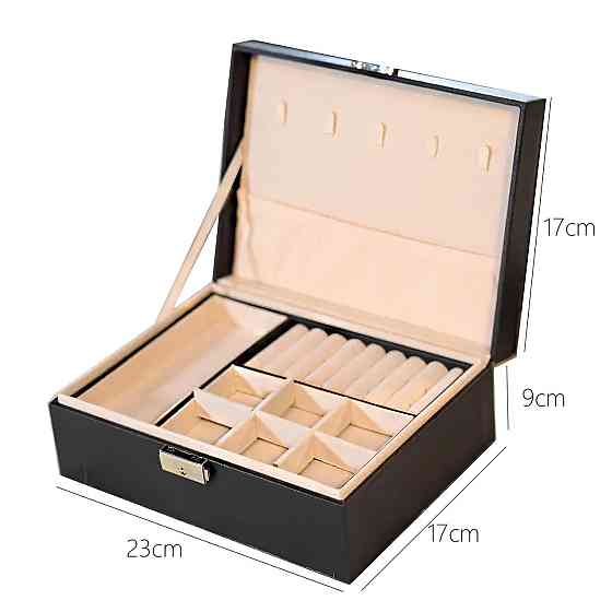 Органайзер для ювелірних виробів RESTEQ — двошарова чорна скринька для прикрас, кожзам і оксамит, 23×17×9 см Київ