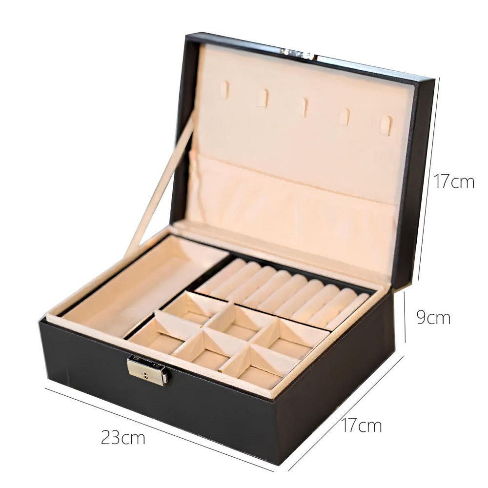 Органайзер для ювелирных изделий RESTEQ — двухслойная черная шкатулка для украшений, кожзам и бархат, 23×17×9 см Киев - изображение 3